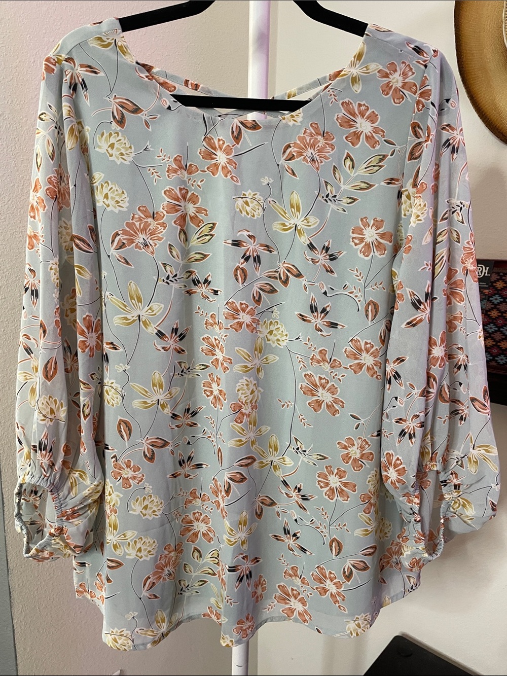 JODIFL Powder Blue Floral Peasant Blouse with Peach and Cream Accents